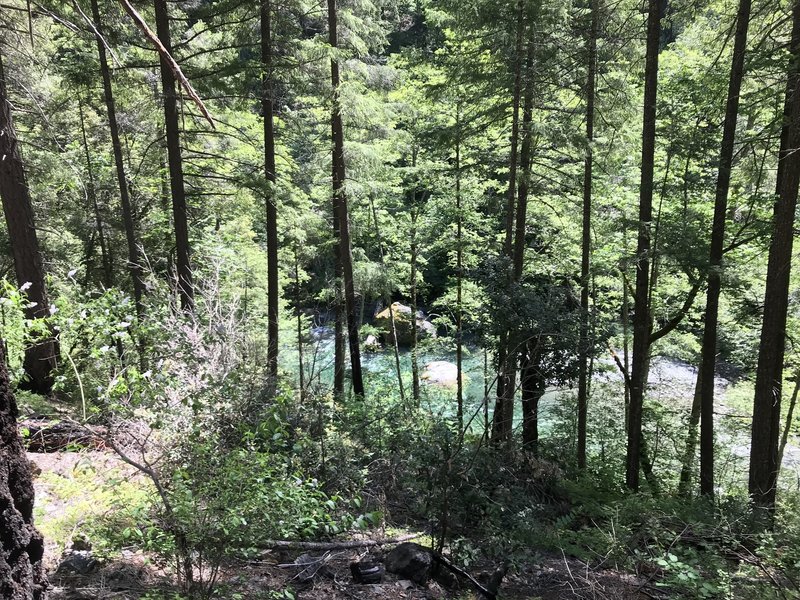 View of New River from high above on New River Trail in western Trinity Alps Wilderness.