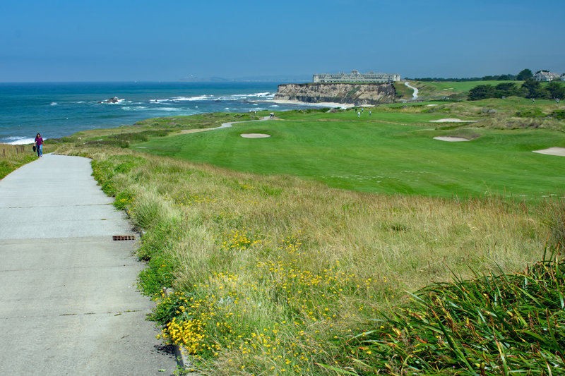 Paved trail runs along the coastal bluffs next to the Ritz Carlton Hotel and golf course.