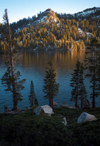 Sun setting on Becker Peak over Lower Echo Lake.