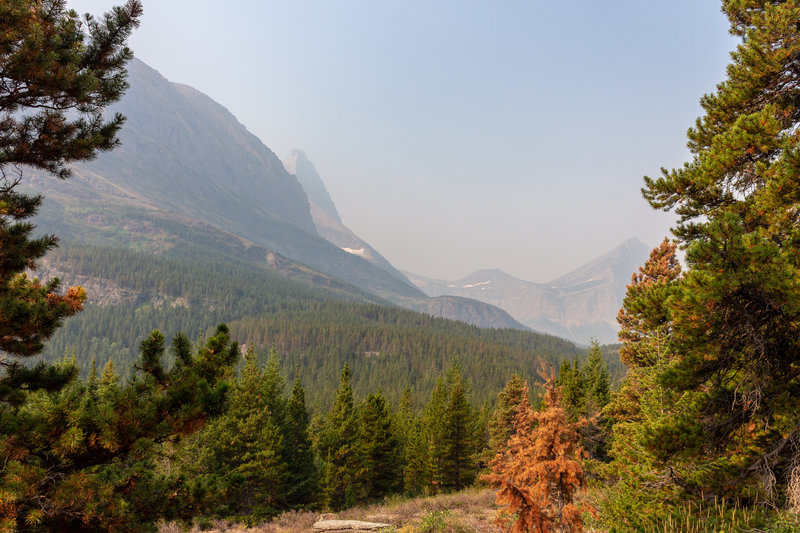 Getting a first glimpse at Mount Grinnell on Swiftcurrent Pass Trail.