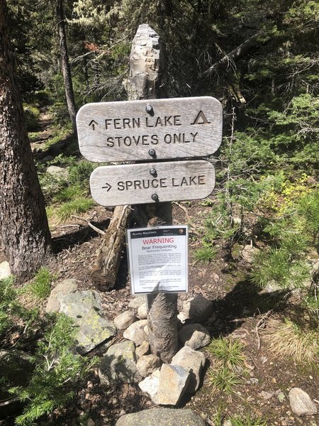 Sign on Fern Lake Trail showing the way to Spruce Lake.