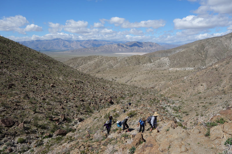 Hikers on the old Indian trial between Palo Verge Canyon and Smoke Tree Canyon