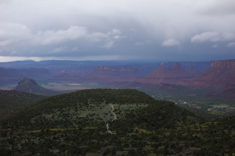 View of FR 4629 to the northwest from a switchback in the La Sal Loop Road.