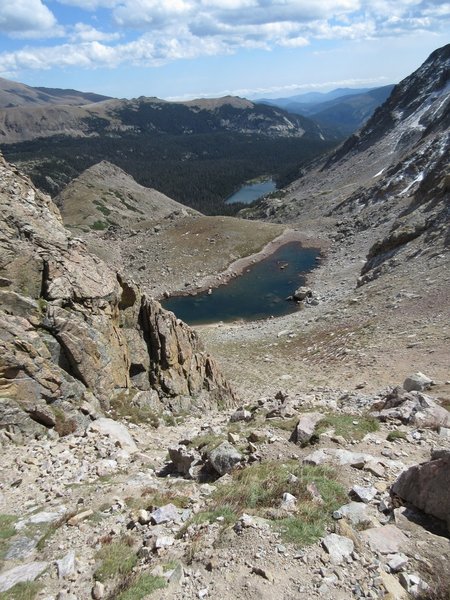 Looking down from the top of Boulder Grand Pass at Lake of Many Winds and Thunder Lake.