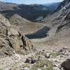 Looking down from the top of Boulder Grand Pass at Lake of Many Winds and Thunder Lake.