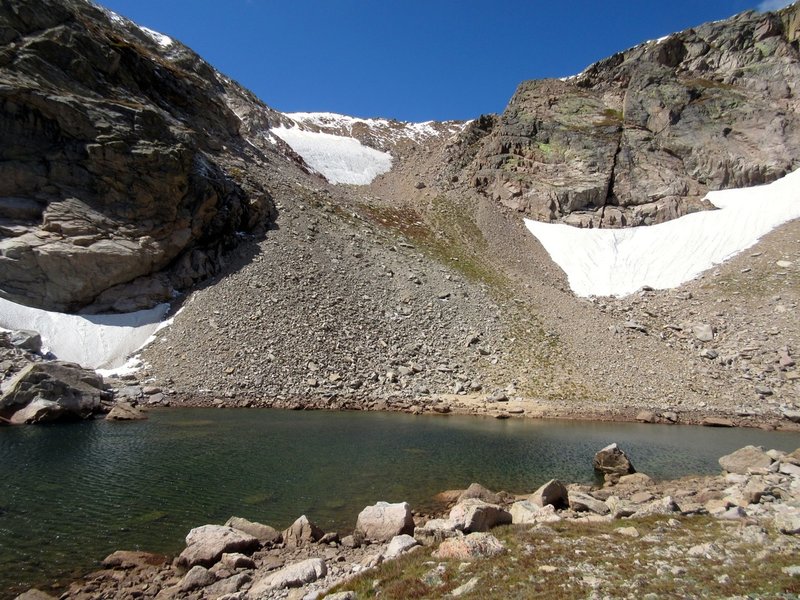 Boulder Grand Pass from Lake of Many Winds. The "trail" is on the right side of the pass.