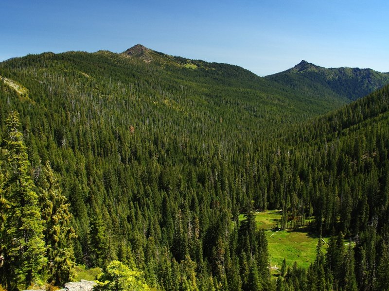 Phantom Meadows, Arnold Mountain (L), and Whiskey Peak (R) from the #955