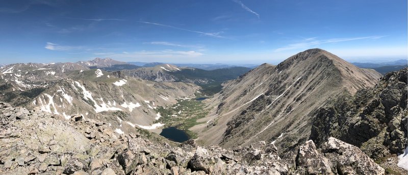 Mt. Audubon (right), the Coney Lakes basin (center), and the peaks of Wild Basin and the northern IPW (left) from the summit of Paiute.