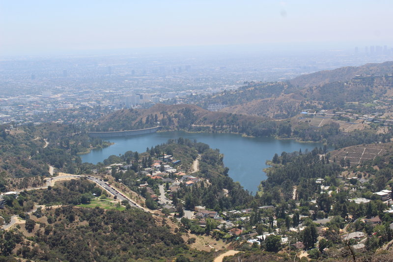 View from behind the sign overlooking Hollywood Reservoir.