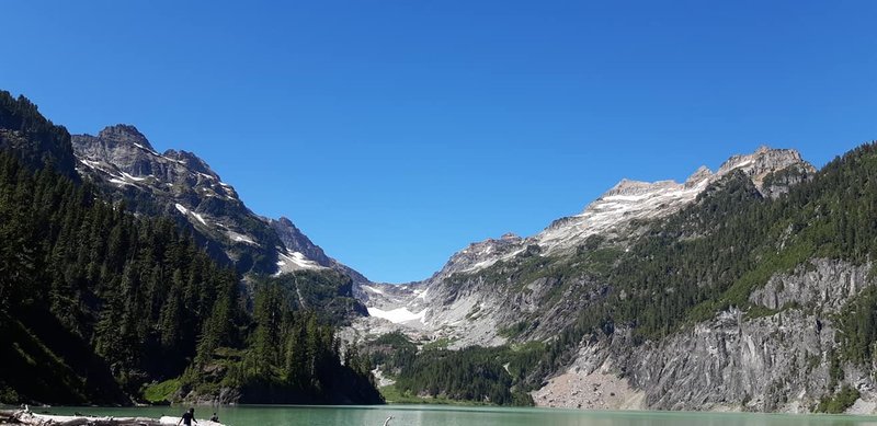 Looking out across Blanca Lake toward the Columbia Glacier. Columbia Peak to the left and the Keyes Peak to the right.