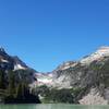 Looking out across Blanca Lake toward the Columbia Glacier. Columbia Peak to the left and the Keyes Peak to the right.