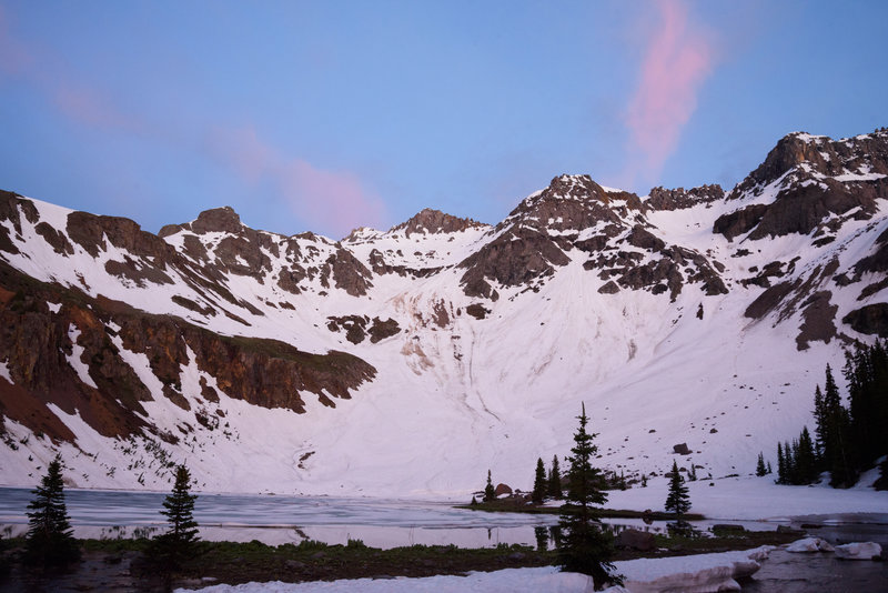 Lower blue lakes at sunset. Still frozen and lots of snow in early July.