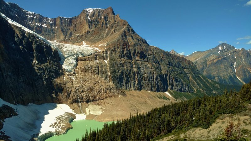 Angel Glacier below Mt. Edith Cavell's west shoulder, with Cavell Pond below. Franchere Peak is on the right in the background.