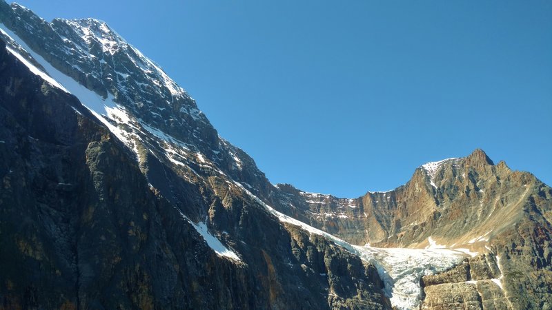 Looking up at Mt. Edith Cavell with Angel Glacier, from the first Cavell Meadows viewpoint.