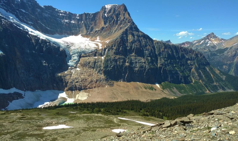 Angel Glacier below the west shoulder of Mount Edith Cavell, as seen from the second Cavell Meadows viewpoint.