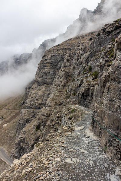 Highline Trail was cut into the rock just above Going-to-the-Sun Road.