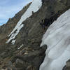 Path as marked from Caribou Pass to Arapahoe Pass is very exposed, narrow, and only suitable for experienced, sure-footed hikers. We turned back rather than risk crossing along steep snowpack,