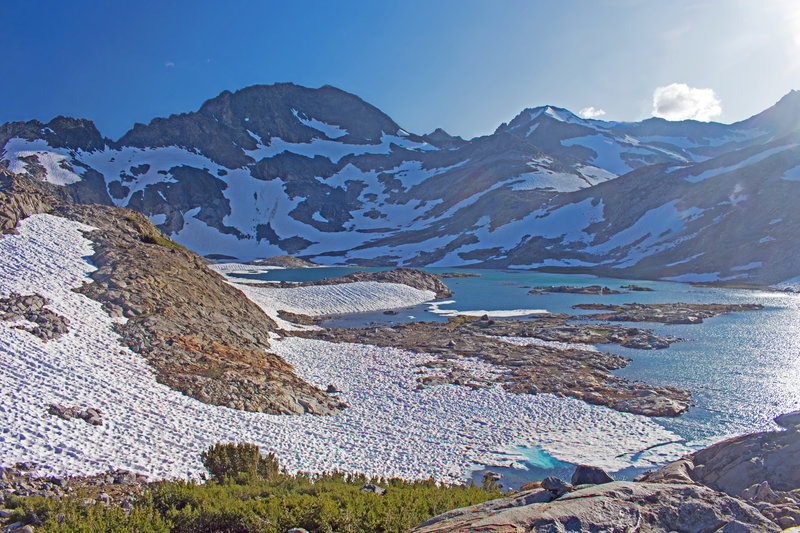 Lower Marie Lake. After the snow has melted, Upper Marie Lake can be reached by scrambling up the rocky slope on the center, right side of the picture.