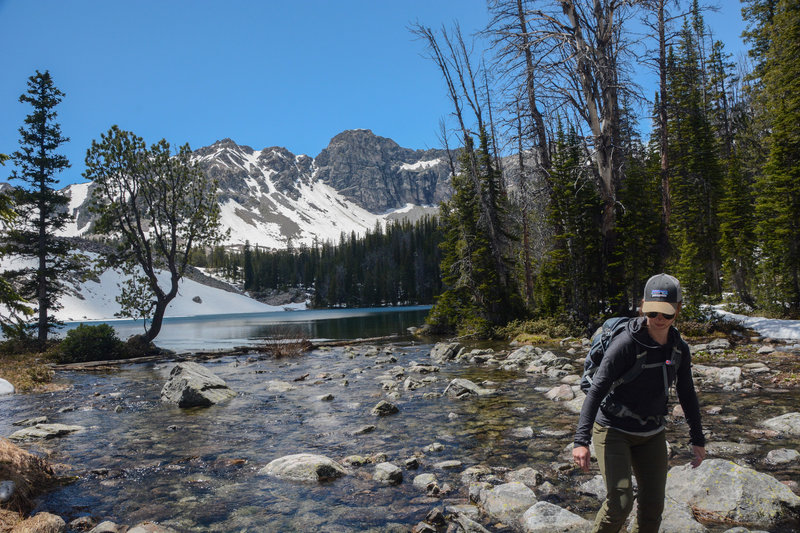 Crossing the creek at the mouth of Avalanche Lake