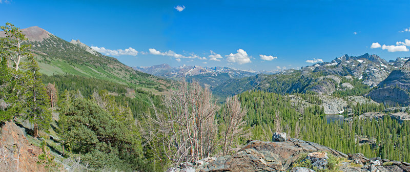 Looking down San Joaquin River canyon with San Joaquin Mountain on the left and the Ritter Range on the right. Mammoth Crest is in the center with the Silver Divide behind it. Badger Lake is on the right.