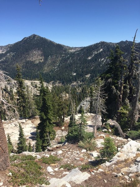 View down the Valley from Russian Lake toward the South Russian Trailhead with Russian Peak in the background.