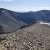 On the way down from Democrat. High peaks in the mid-ground are 14ers Lincoln and Cameron closely grouped on the left and Bross slightly lower on the right.