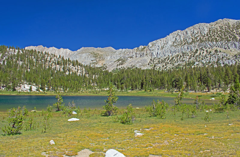 Lowest Pioneer Basin Lake and its surrounding meadow. The largest of the campsites here is often used by people whose gear is brought in by pack mules.