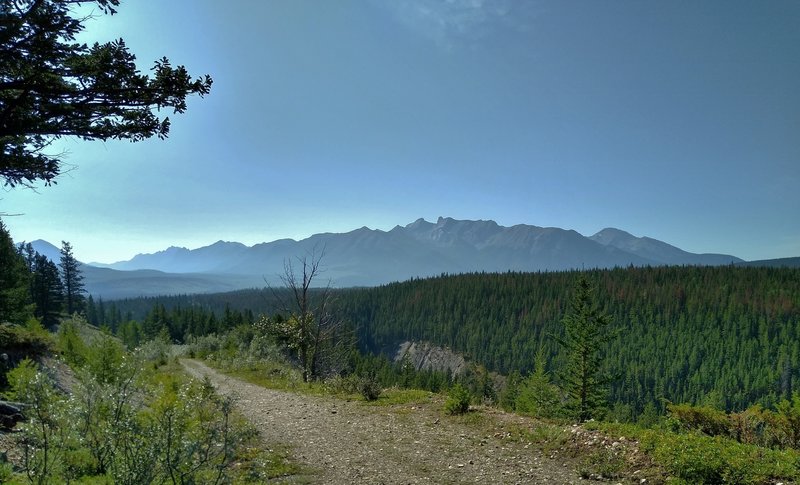 Mountains of the Jaques Range across the Athabasca River Valley, in the distance to the south-southeast, come into view as the Celestine Lake Trail climbs.