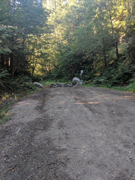 The trailhead. Walk past the boulders. The road quickly turns into a trail.