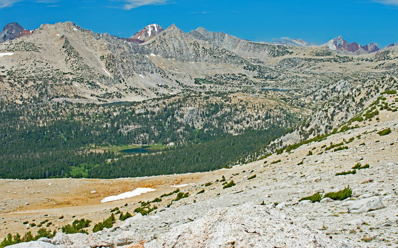 Mono Recess viewpoint and easy 1 mile hike from Mono Pass. You can see the 1st, 2nd, and 4th lakes in the Pioneer Basin.  Red and White Mt. and Red Slate Mt. are peeking over the basin's western rim.