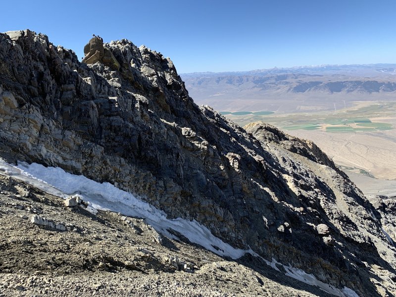 Chicken-Out Ridge and below it is the west section that people try to bypass COR on. Notice the snow/ice and loose debris. Stay on the ridge!