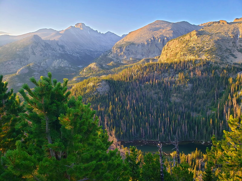 Longs Peak (left), Thatchtop Mountain (right) and Dream Lake below. Just after sunrise in RMNP