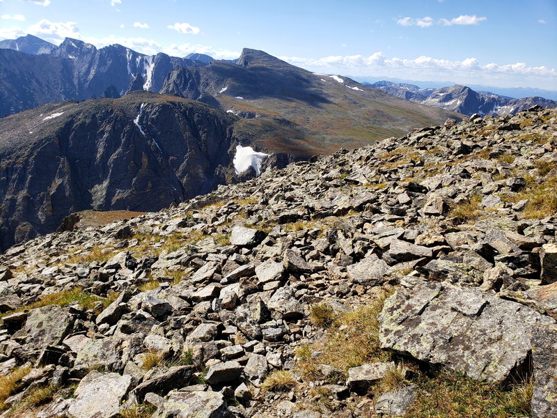 View of Otis and Taylor Peak from the summit of Hallett Peak