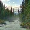 Morning mist and mountains along the Blaeberry River, hiking the David Thompson Heritage Trail.