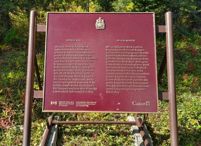 Howse Pass National Historic Site plaque. David Thompson was the first white man to cross the Canadian Rockies here with the guidance of First Nations people, in 1807.