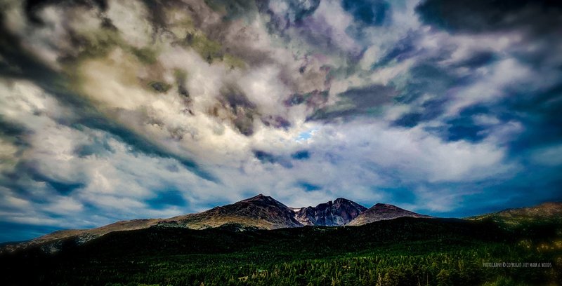 Longs Peak, center, from the roadside off CO HWY 7 South, 3 miles from the trailhead.