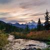 Sunset from Poligne Creek at Avalanche trail camp.