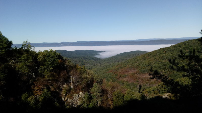 Looking down Overall Run valley towards Massanutten ridges, with clouds blanketing the Shenandoah Valley.