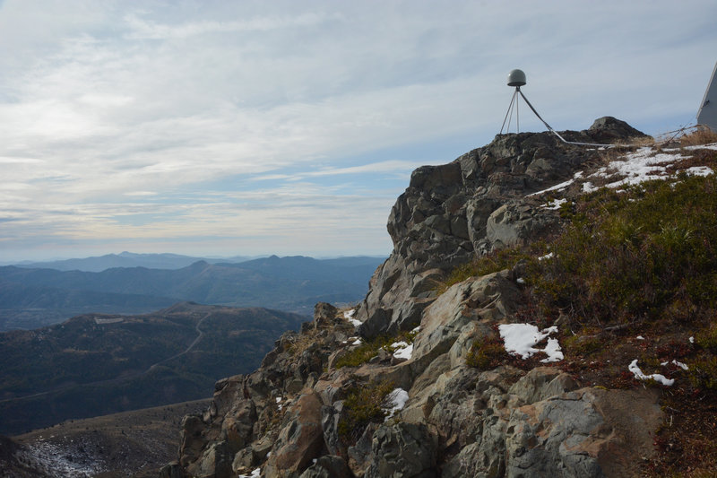 Part of the seismic equipment and the view west to the Coastal Range from the top of Coldwater Peak