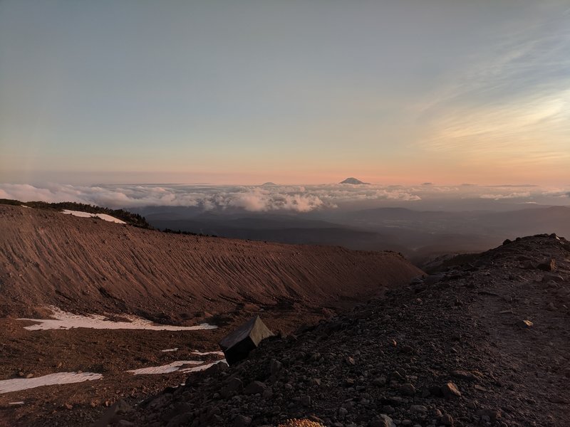 View looking down the moraine towards Mt. Adams and Mt Rainier