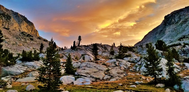 July 2018 - JMT thru hike. A beautiful sunrise from our camp at Sallie Keyes lakes