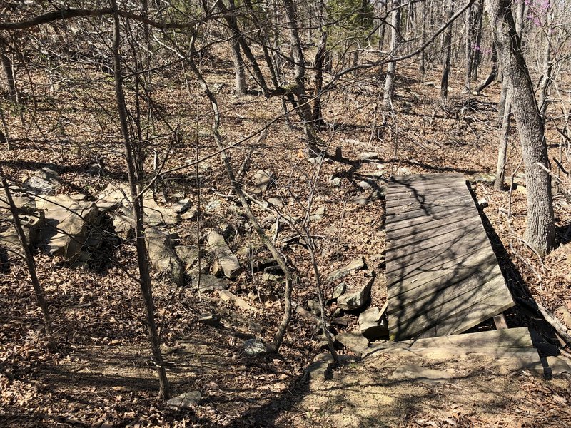 The is a split in the trail that will take you further along the lake, but the trail is lost past this bridge.  I hiked it for another 1/4 mile or more and there is no defined trail and you're basically walking in the woods.