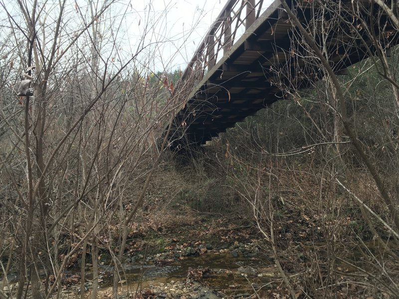 This is a shot underneath the bridge you must cross to access the trail!  This creek is nice to sit by and cool off next to after a good 5k run.