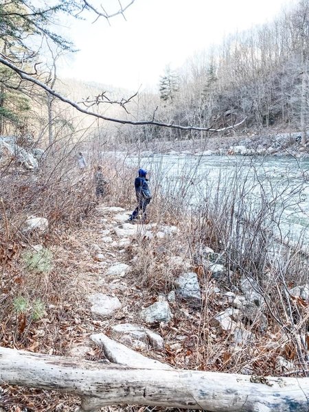 Path along the river, beautiful in the winter. Could be overgrown in the summer.