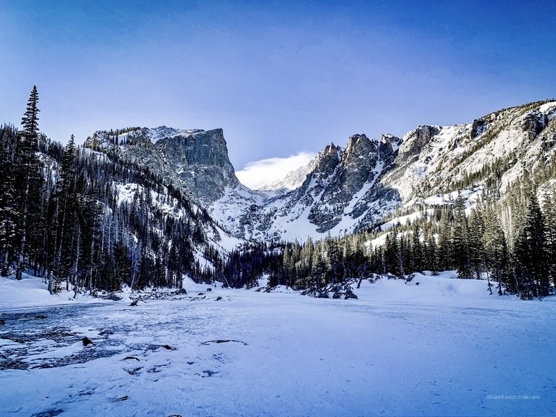 Looking north towards Flattop Peak from the middle of Dream Lake, -8 degrees on December 30, 2019.