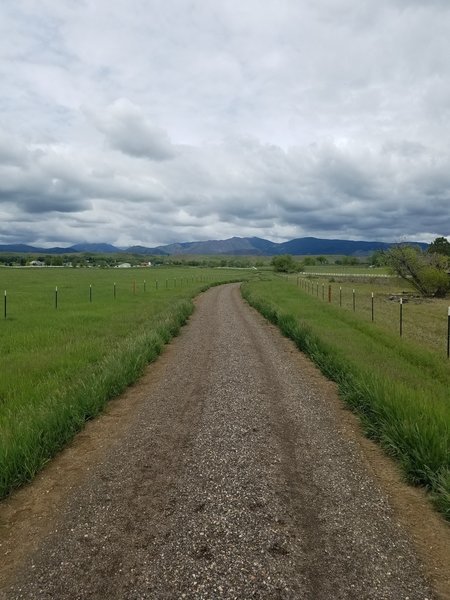 Trail meanders through pastures and open spaces with nice views of the front range and lakes.