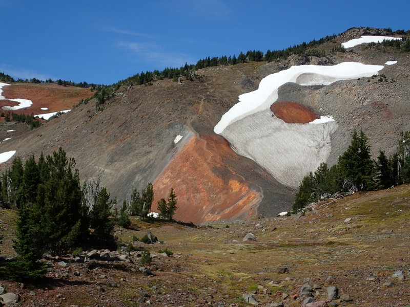 Close-up of the trail climbing the red cinder slope.