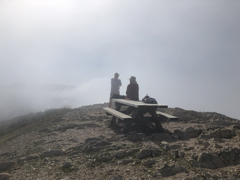 Picnic table waiting for you at the top. The top can be fogged in and windy. Bring layers.