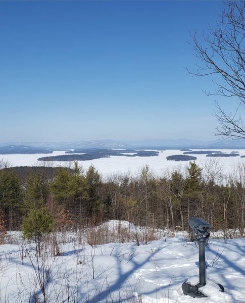 Beautiful winter view of Lake Winnipesaukee from summit.