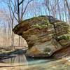 Large sandstone rock with tree growing on top alongside stream